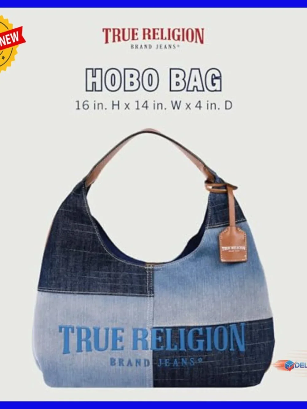 Patchwork Denim Hobo Bag, Oversized Logo, Magnetic Closure, Shoulder Purse